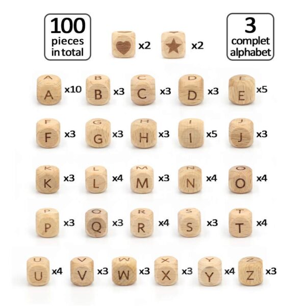 1000 Cuentas de Madera con Letras 12 x 12mm